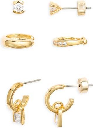 Nordstrom Set of 3 Cubic Zirconia Ear Cuffs, Stud & Drop Huggie Hoop Earrings in Clear- Gold at Nordstrom Rack