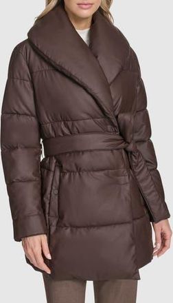 Andrew Marc Adela Faux Leather Shawl Collar Quilted Wrap Coat in Carob at Nordstrom Rack, Size X-Small