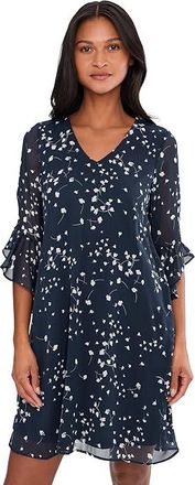 Calvin Klein 3/4 Sleeve Chiffon Shift Dress Womens Dress Indigo Cream : 10, Polyester