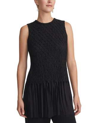 Lafayette 148 New York Hand-Smocked Lattice Fringe Silk Blouse
