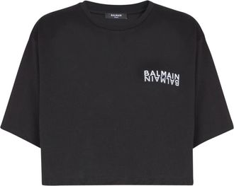 Balmain Cropped T-shirt met print - Dames - T-shirts - Zwart - XL - Katoen - Tops