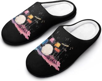 Generic Drum Musical Notes Slippers Men Winter Warm Cotton Anti-Slip Indoor Slip-Ons House Shoes