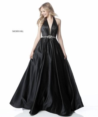 Sherri Hill Beaded Waist Halter Ball Gown In Black