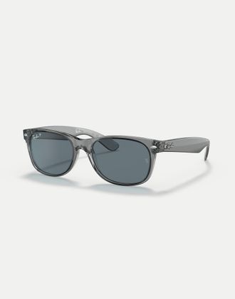 Ray-Ban New Wayfarer Classic - Occhiali da sole polarizzati squadrati trasparenti con lenti blu-Grigio