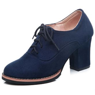 Generic Womens Oxford Style Suede Ankle Boots Round Toe Lace-Up Chunky Heel Booties Classic High Heel Dress Shoes for Office and Street Style,Blue,4.5 UK