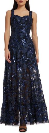 Dress The Population Anabel Floral Sequin Fit & Flare Gown in Navy at Nordstrom, Size Xx-Small