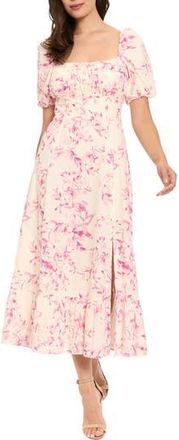 London Times Floral Puff Sleeve Linen Blend Midi Dress in Ivory/Raspberry Pink at Nordstrom Rack, Size 14P