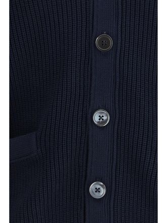 Thom Browne Mens V-Neck Cardigan Navy Cotton Sweater