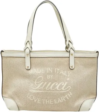 Gucci Beige White Canvas Leather Shoulder Bag Tote Bag (Pre-Owned)