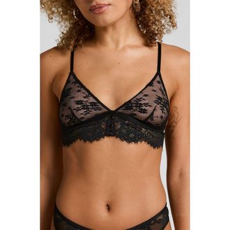 Hunkem&ouml;ller Lou Eyelash Lace Triangle Bralette in Caviar at Nordstrom, Size Medium