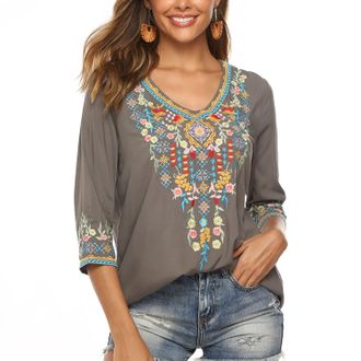JD Williams Womens Boho Embroidered Tops Mexican Peasant Style Bohemian 3/4 Sleeve Shirt Hippie Clothes Summer Tunic Blouses (Grey, 3XL)