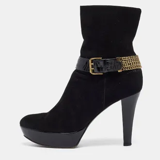 Casadei Black Suede Buckle Chain Embellished Platform Ankle Boots