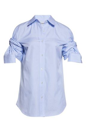Monse Knotted Sleeve Stripe Cotton Poplin Button-Down Shirt in Sky Blue at Nordstrom, Size 2