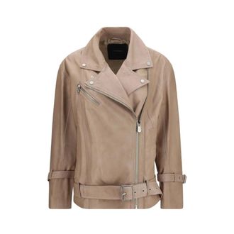 Pinko Pinko - Leren Bikerjack - Dames - Jassen - Beige - Maat: XS Leer