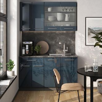 Vicco Cocina Para Solteros Fame-line, Azul Oscuro Alto Brillo/antracita, 140 Cm Sin Encimera