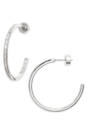 Nordstrom Baguette Cubic Zirconia Inside Out Hoop Earrings in Clear- Silver at Nordstrom
