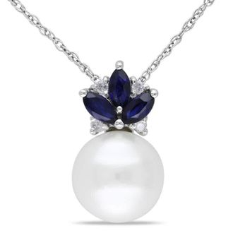 Amour 8.5 - 9 Mm Cultured Freshwater Pearl, Diamond and Sapphire Floral Pendant with Singapore Chain In 10K White Gold
