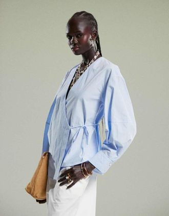 Arket cotton poplin wrap blouse in blue