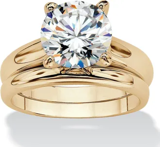 Palm Beach Jewelry 3 Cttw Round Cubic Zirconia 14k Gold-Plated Solitaire Wedding Ring Set