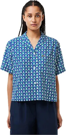 Lacoste Dames Geometrisch Korte Mouwen Shirt (Wit/Blauw)