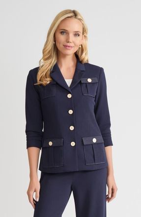 Ming Wang Heritage Stretch Deco Crepe Scrunch Sleeve Jacket in Indigo/white at Nordstrom, Size Xx-Small