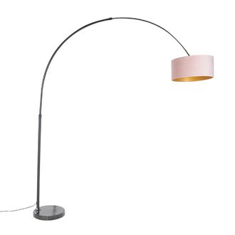 QAZQA Qazqa L&aacute;mpara De Arco Con Pantalla De Terciopelo Negro Rosa Con Dorado 50 Cm - Xxl Acero /m&aacute;rmol /textil Alargada /cil&iacute;ndra /redonda Adecuado Para Led