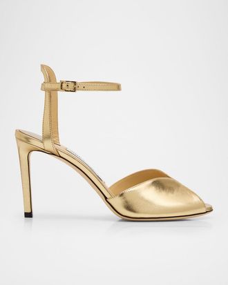 Jimmy Choo London Sacora 85 Metallic Leather Peep-Toe Sandals