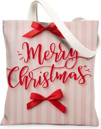 Generic Christmas Striped Canvas Tote Bags, Bow Pattern Reusable Grocery Bags, Holiday Chic Lightweight Washable Shoulder for Outdo, Peach, 13x15 Inch