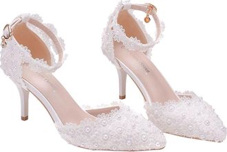 Kesyoo Womens White Lace Wedding High Heels Pointed Toe Thin Heel Bridal Shoes Elegant Party Footwear for Bride Size 38