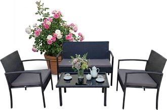 Relaxdays Relaxdays Set Jard&iacute;n 4 Pzas Rat&aacute;n, 4 Personas, Banco 2 Plazas, 2 Sillas, Mesa De Cristal, Muebles Lounge Exterior Negro