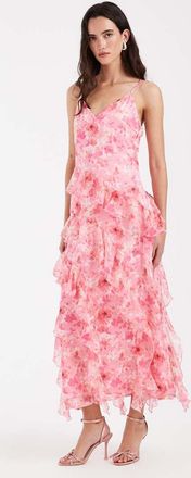 Vero Moda Smilla - Vestito midi con spalline sottili e volant in chiffon rosa chiaro con stampa floreale