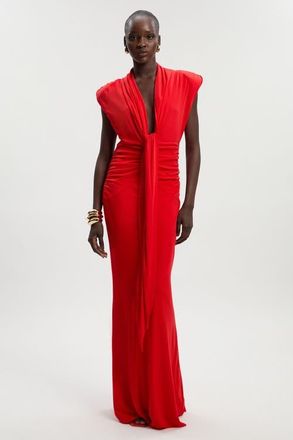 Karen Millen Plunge Ruched Twist Jersey Maxi Dress in Red at Nordstrom, Size X-Small
