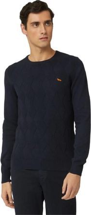 Harmont & Blaine Blauwe Trui met Diamantpatroon - Heren - Ronde hals truien - Blauw - 2XL - Katoen - Truien & Vesten