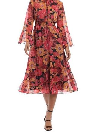 Donna Morgan Floral Mock Neck Tiered Ruffle A-Line Midi Dress In Black Hot Coral