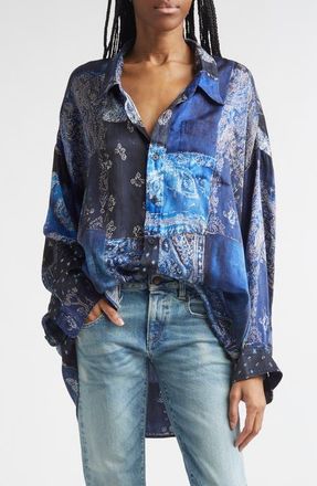 R13 Drop Neck Patchwork Oversize Silk Button-Up Shirt in Blue Multi Bandana Print at Nordstrom, Size X-Small