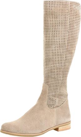Generic Womens Mid Calf Boots Comfortable Low Heel Round Toe Breathable Perforated Suede for Autumn Winter Casual Wear(Beige, 3.5)