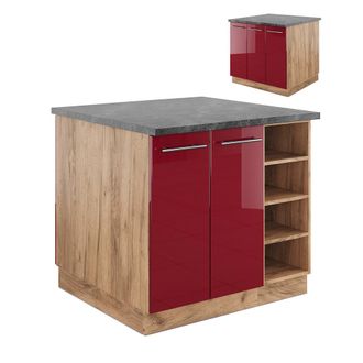 Vicco Isla De Cocina Fame-line, Burdeos Brillo Intenso/roble Dorado, 90 Cm Sin Encimera