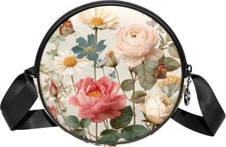 Generic Circle Crossbody Bag for Women, Elegant Floral Butterflies Small Sling Bag Daypack with Zipper Adjustable Shoulder Straps Casual Ladies Girls Round Pu