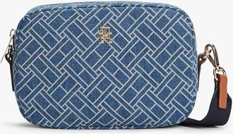 Tommy Hilfiger Womens Allover Flag Print Denim Crossbody Bag - Blue