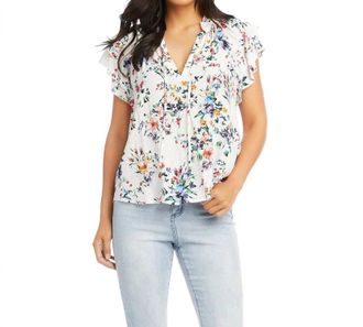 Karen Kane Sasha Short Sleeve Ruffle Tie-Neck Top In Multi Color