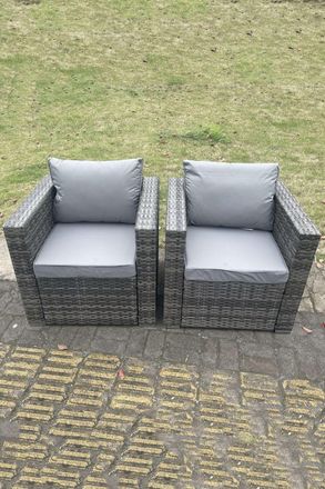 Fimous 2 PC Outdoor Rattan Arm Sofa Chair Garden Furniture With Seat & Back Cushion Dark Grey Mixed