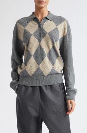 R&oacute;he Argyle Plaid Moulin&eacute; Polo Sweater in Grey/oat Check at Nordstrom, Size 34