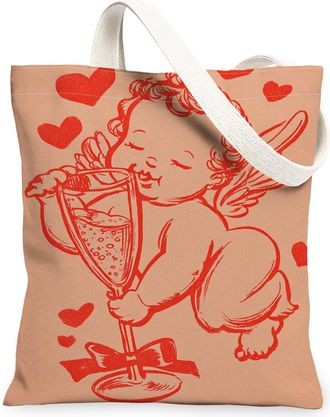 Generic ValentineS Day Love God Canvas Tote Bags, Cute Heart Print Reusable Grocery Bags, Lightweight Washable Shoulder Strap Canv, Peach, 13x15 Inch