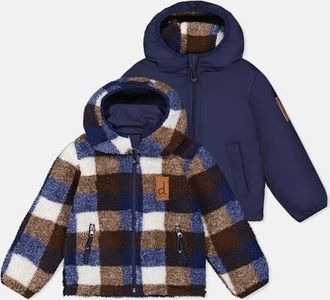 Deux par Deux Reversible Fleece Hooded Mid-Season Jacket in Dark Blue And Brown at Nordstrom, Size 12M