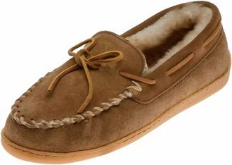 Minnetonka Womens Sheepskin Hardsole Mocassins In Golden Tan