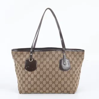 Gucci Brown Leather Canvas Handbag Shoulder Bag Tote Bag (Pre-Owned)