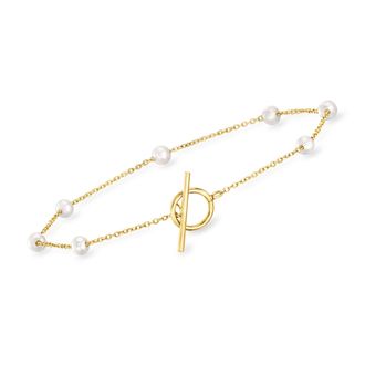 RS Pure by Ross-Simons 3-3.5mm Cultured Pearl Station Toggle Bracelet in 14kt Yellow Gold