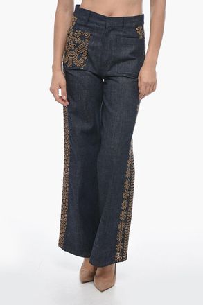 Dior Jeans Palazzo in Denim Ricamato con Lavaggio Scuro 28cm Dior