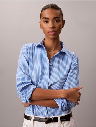 Calvin Klein Womens Cotton Poplin Emblem Logo Stripe Button-Down Shirt - Blue - XL