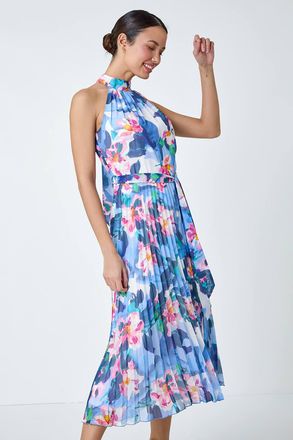 Roman Floral Print Pleated Chiffon Midi Dress